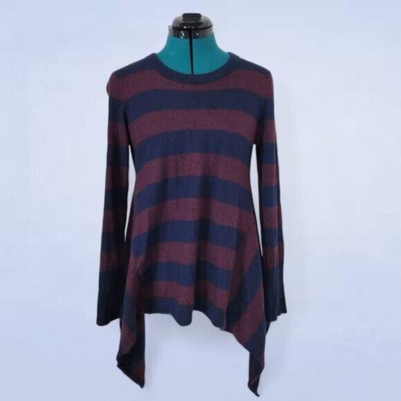 Autumn Cashmere Burgundy and Navy Striped 100% Cashmere Sweater - Size Medium - Picture 1 of 8